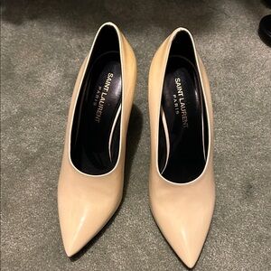 Saint Laurent Teddy Cream Pointed-Toe Leather Pumps